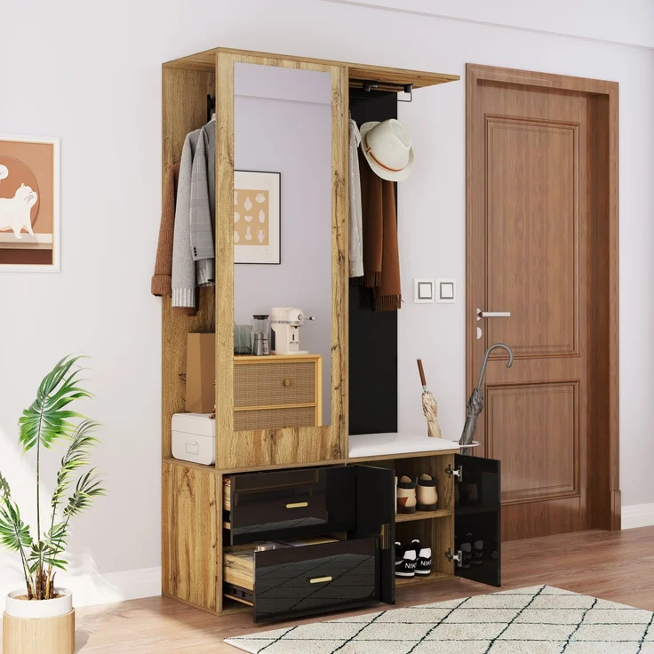 Faumrta Elegantes Kleiderschrankset in Schwarz und Holzfarbe mit Spiegel, Schuhschrank, Schuhbank mit Haken und ausziehbaren Kleiderbügeln. 100CM*38CM*180CMNaturalSpanplatte – Bild 5