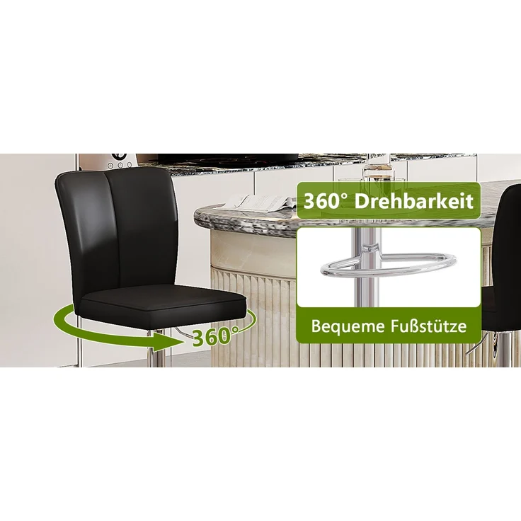 Höhenverstellbarer Barhocker im 2er-Set, 360° drehbar. Luxuriöser Barhocker im Schwarz-Silber-Design aus wasserabweisendem PU-Leder, geeignet für Kücheninseln. Verschiedene Farben erhältlich.--Schwarz+Silber--37x44x44.5cm--YOUDENOVA – Bild 2