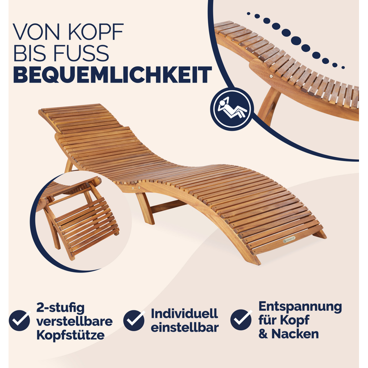 Casaria 'ERGO' Sonnenliege, 2 Stück, Akazienholz, faltbar mit Tragegriff & Kofferfunktion, braun, 17 x 90 x 60 cm – Bild 6