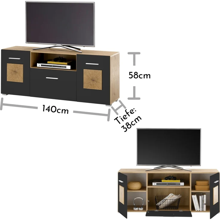 Lowboard >Georgia< in Eiche Artisan Nachbildung - 140x58x38cm (BxHxT) – Bild 10