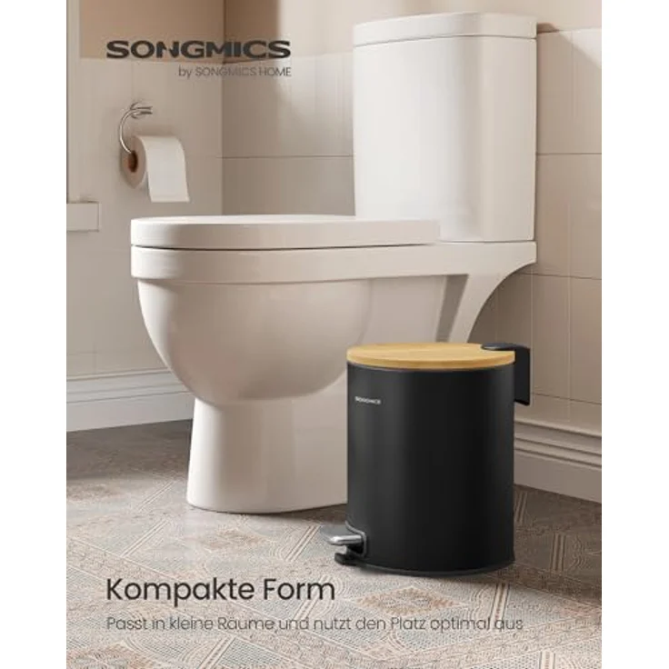 SONGMICS Kosmetikeimer, Mülleimer Bad, mit Deckel aus Bambus, Tretmülleimer mit Metallpedal, Inneneimer herausnehmbar, Softclose, für Badezimmer, 6 Liter, tintenschwarz LTB116BZ01 – Bild 4
