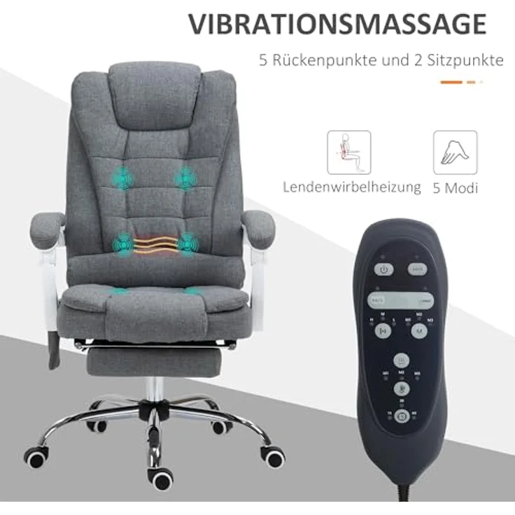 Vinsetto Bürostuhl mit Massagefunktion, höhenverstellbar mit Fußstütze, 360° drehbar, 6-Punkt-Massage und Heizfunktion – Bild 4
