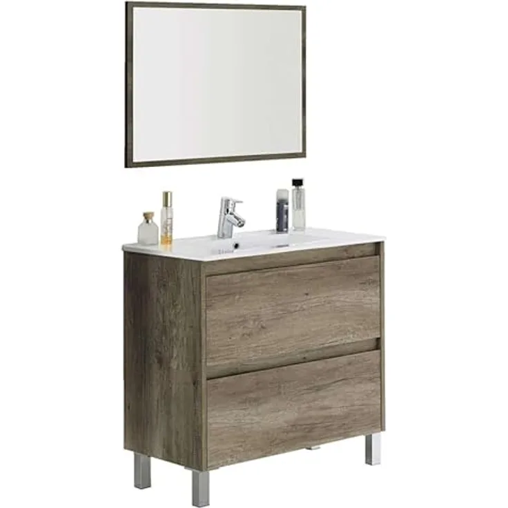 FORES HABITAT Waschbeckenunterschrank Nordik, 80x80x45 cm, 2 Schubladen mit Soft-Close und 4 Füßen aus eloxiertem Aluminium