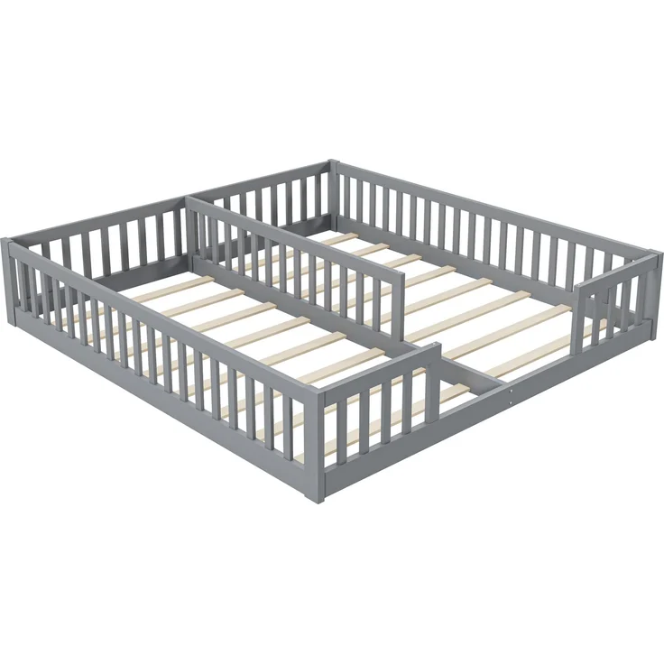 Doppelbett 90x200 cm aus Kiefernholz ,Kinderbett mit Sicherheitsgitter und Lattenrost, platzsparendes Familienbett,grau – Bild 8