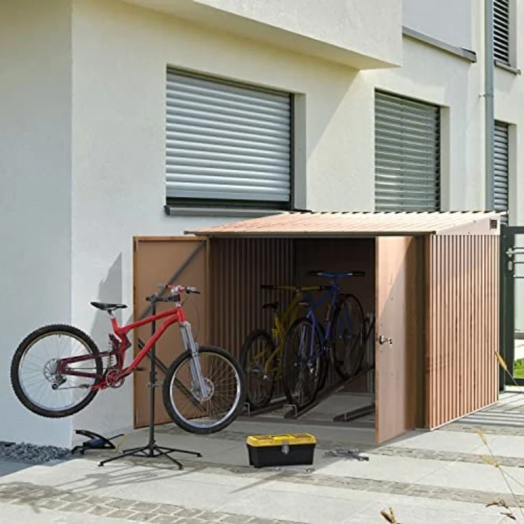 Duramax Fahrradschuppen für 4, Fahrradgarage mit 4x verstellbaren Fahrradschienen & breiten abschließbaren Doppeltüren, Gartenschuppen aus Metall für Fahrräder, Fahrradlager, Holzmaserung – Bild 3