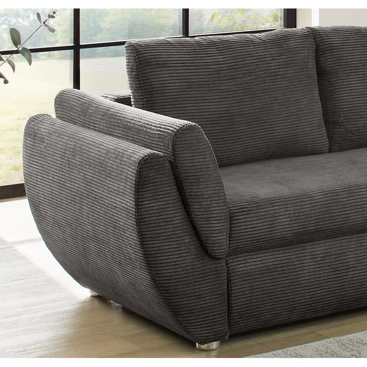 Ecksofa Schlaffunktion Couch mit Rutschenlehne Bettkasten Cord Dunkelgrau – Bild 4