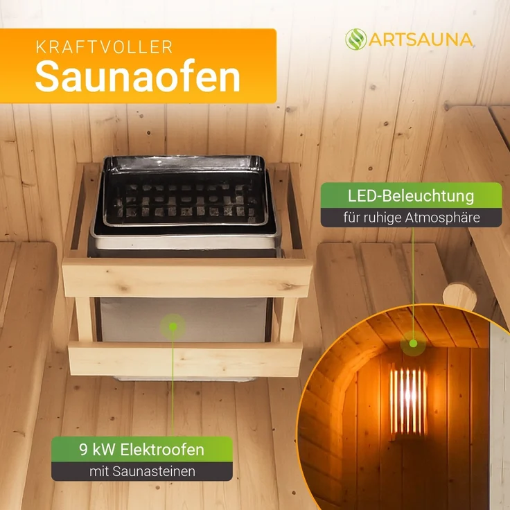 Artsauna Cube Fasssauna Fjora, Gartensauna für 6 Personen aus Fichte, 9 kW Saunaofen, LED-Beleuchtung, Zubehörset mit Sanduhr & Thermometer – Bild 5