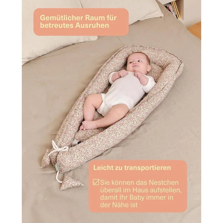 molis&co - Babynest - 100% Baumwolle (OEKO-TEX) - Babynestchen Neugeborene - Ideal als Reisebett, Kuschelnest Geeignet & Cradle Reducer - 90x50 cm - Peony – Bild 2