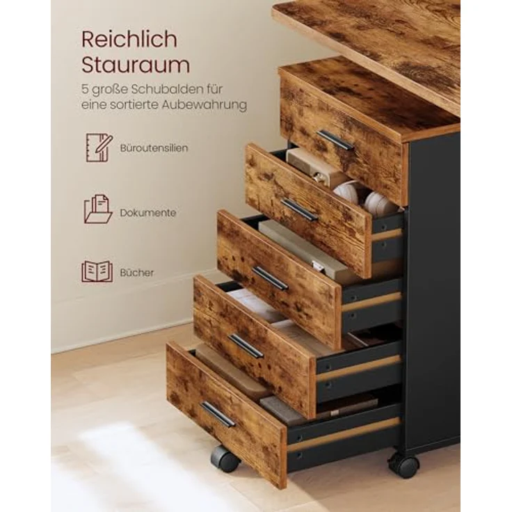 VASAGLE Rollcontainer, mobiler Aktenschrank, Schubladenschrank, Druckerständer mit 5 Schubladen, mit schraubenlosen Gleitschienen, für Büro, Homeoffice, vintagebraun OFC081KD02 – Bild 4