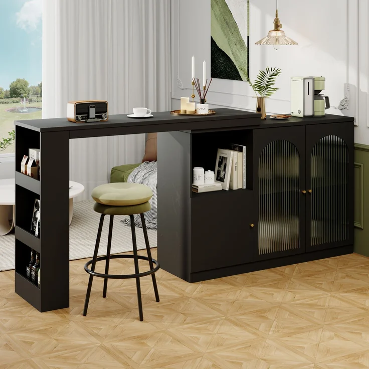 ZUBALIYA Drehbarer Bartisch 120 x 40 cm, mit Stauraum, mit Glastüren, MDF, Schwarz – Bild 10