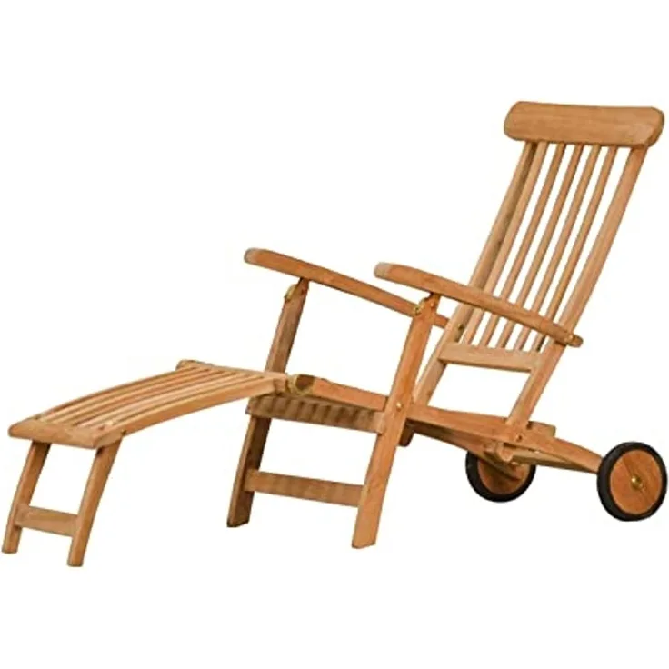 Kai Wiechmann Gartenliege Hochwertiger Teak Deckchair mit Rad als wetterfester Liegestuhl, verstellbarer Teak Relaxsessel mit Fußablage
