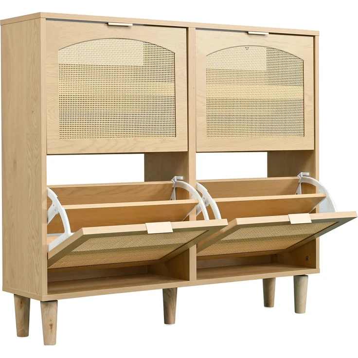Merax Schuhschrank, Schuhkommode, mit 4 Klappschubladen, Schuhkommode aus Rattan mit Metallgriffen, Schuhregal, Oak – Bild 8