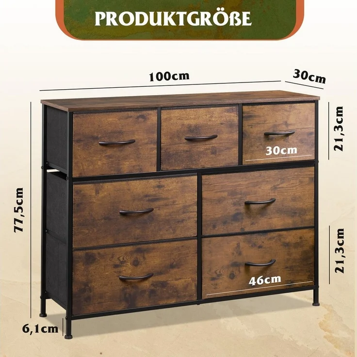 WLIVE Kommode Schubladenkommode mit 7 Stoffschubladen, (stabiler Stahlrahmen & Holzplatte), Breit 100cm, moderne Kommode für Wohnzimmer, Schlafzimmer, Flur & Büro – Bild 2