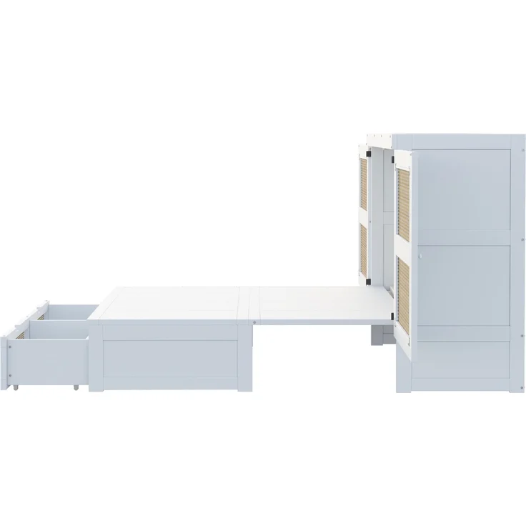 CHICFURN Bett aus Holz Weiß 140x200 cm mit Stauraumschubladen und Rattan-Design – Bild 6