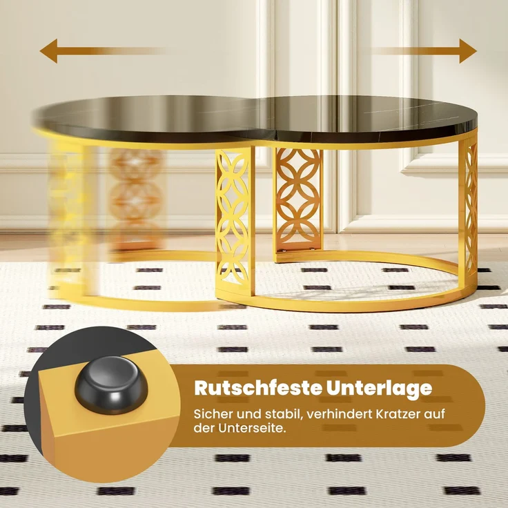 2er-Set Couchtisch nestbar 70x70x45 + 45x45x37 cm, Marmor-Furnier, Metallrahmen, Kontrastdesign – Bild 7