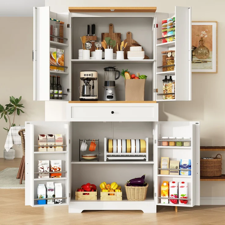 EINHOM Hochwertiger Küchenschrank mit 4 Türfächern & Schubladen (80 x 40 x 180 cm), Moderner Snack-Aufbewahrungsschrank aus MDF & Spanplatte, Buffetschrank für Esszimmer, Küche, Wohnzimmer – Bild 2