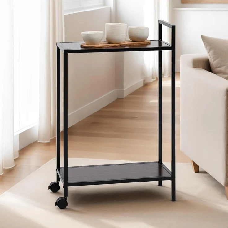 IDIMEX Servierwagen RIVO, Barwagen mit Rollen und 2 Ablagen, Beistellwagen modern Metall schwarz – Bild 2