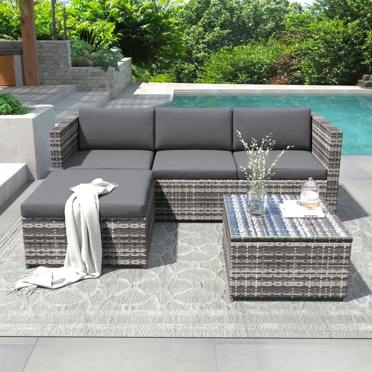 Merax Polyrattan Gartenmöbel Set (2-tlg), Balkonmöbel Set Kleiner Balkon Loungeset, Terassenmöbel Wetterfest mit Sofa, Tisch, Hocker und Kissen, Grau – Bild 5