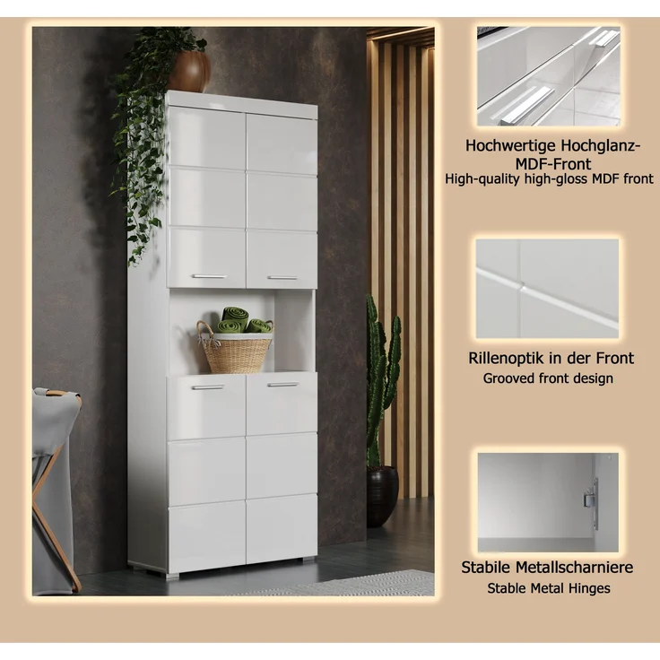 Trendteam 'Amanda' Hochschrank, Holz, Weiß Hochglanz, 190 x 31 x 73 cm – Bild 20