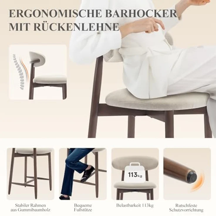 COLAMY Barhocker 2er Set, Tresenhöhe, Küchenhocker mit Rückenlehne, gepolstert im Mid-Century-Modern-Stil, mit Holzbeinen für Kücheninsel und Esszimmer, Beige – Bild 4