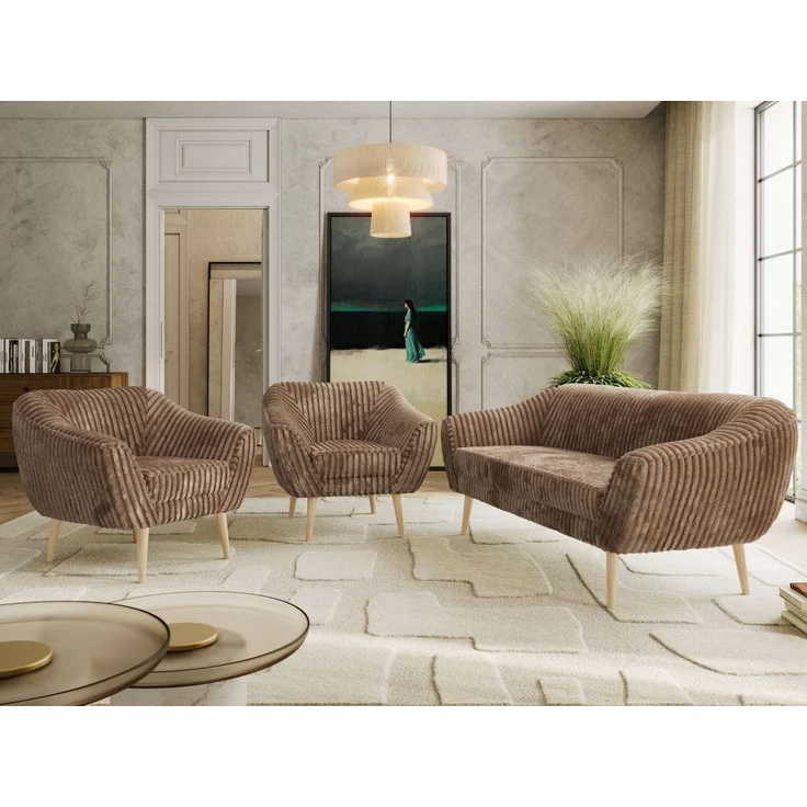 Wohnzimmerset PIRS 1-1-3, Skandinavisches 3-Sitzer Sofa mit Sesseln, Sofa mit Wellenfederung, Buche Füße, Skandinavisches Möbelset - Braun Cord – Bild 1