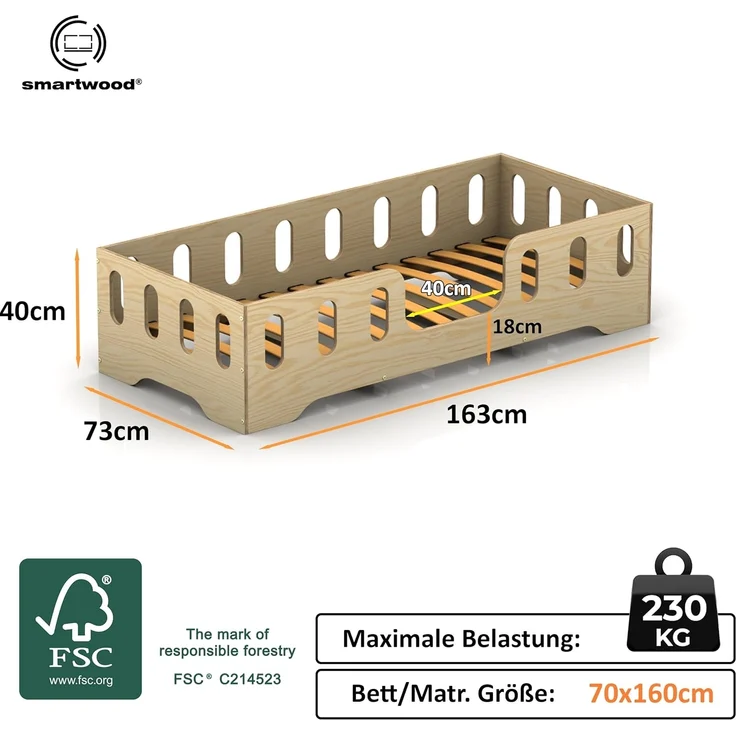 smartwood Kinderbett Bodenbett 70x160 mit Rausfallschutz & Lattenrost - Senfgelb - Kinder Montessori Bett TILA 2 mit glatten Kanten - Betten für schnelle Montage - Bis 230 kg belastbar – Bild 2