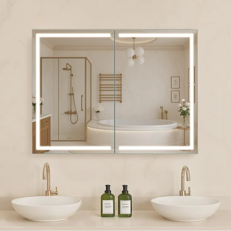 VEVOR beleuchteter Medizinschrank mit Spiegel (60x80 cm) Wandmontage, 3-farbig dimmbarer LED-Badezimmerschrank mit HD-Spiegel, Memory-Funktion/verstellbaren Regalen, Stauraum/Steckdosen und USBs