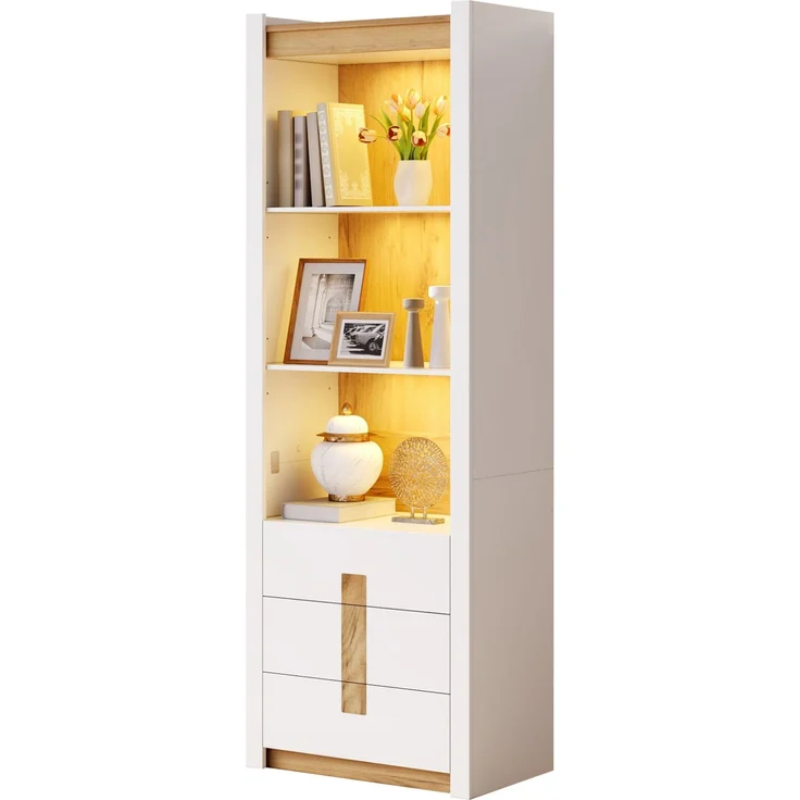Vitrinenschrank 63 x 41,5 x 200 cm mit Bluetooth-LED und 3 Schubladen, mattweiß – Bild 5