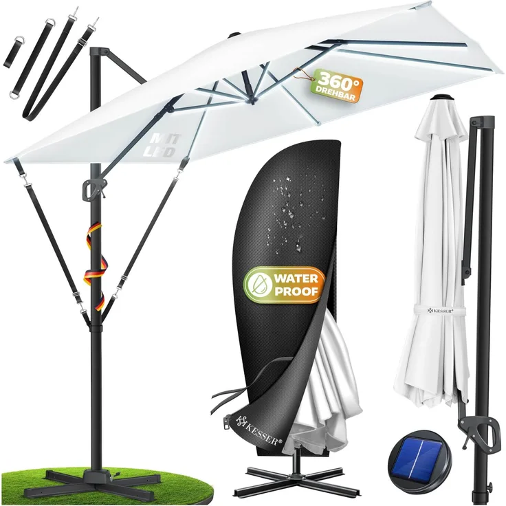 KESSER® Sonnenschirm Ampelschirm SUN XL 300 x 300 cm Inkl. Abdeckung +Windsicherung Drehbar Neigbar Kippbar Marktschirm Groß 360° Rotation, Gartenschirm mit Kurbel Sonnenschutz UV50+ Weiß, Mit LED