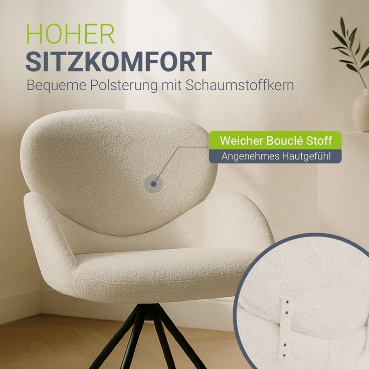 Juskys Drehstuhl Albano - Bouclé - 360° drehbar & gepolstert, pflegeleichter Bezug, verstellbare Metallfüße, modern für Esszimmer & Küche - Creme – Bild 5