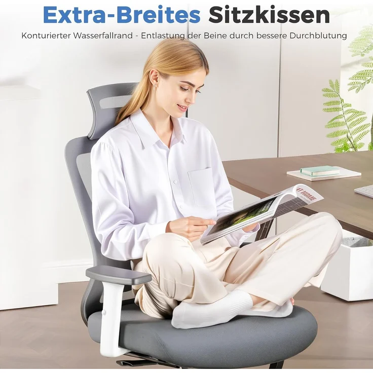 COMHOMA Bürostuhl Ergonomisch [TESTSIEGER], Schreibtischstuhl mit 3D-Kopfstütze & 3D-Lendenwirbelstütze, verstellbare Armlehnen, Office Chair mit Wipp- und Kippfunktion,Belastung bis 150KG, Grau – Bild 8