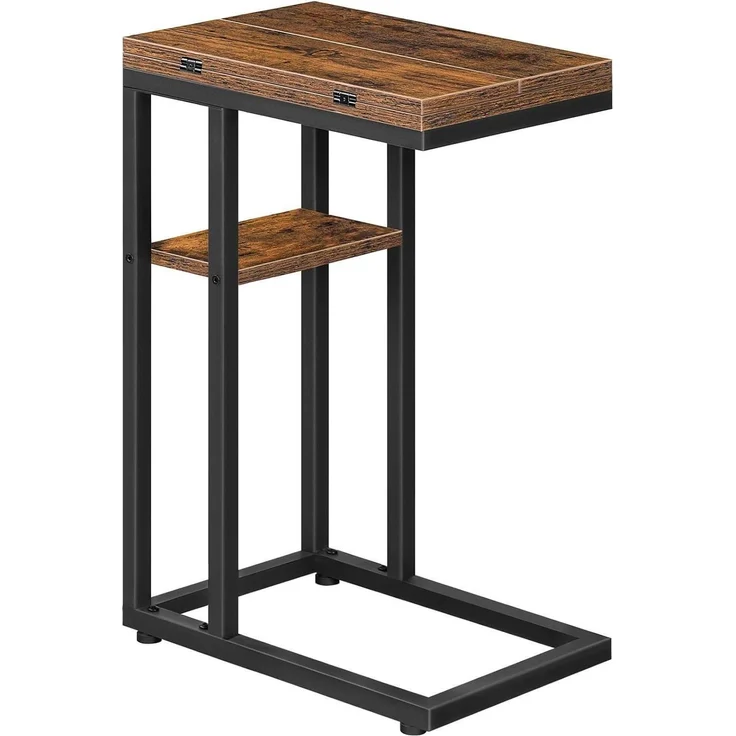 HOOBRO C-Form Beistelltisch Klappbarer Sofatisch mit Lagerregal Dunkelbraun – Bild 1