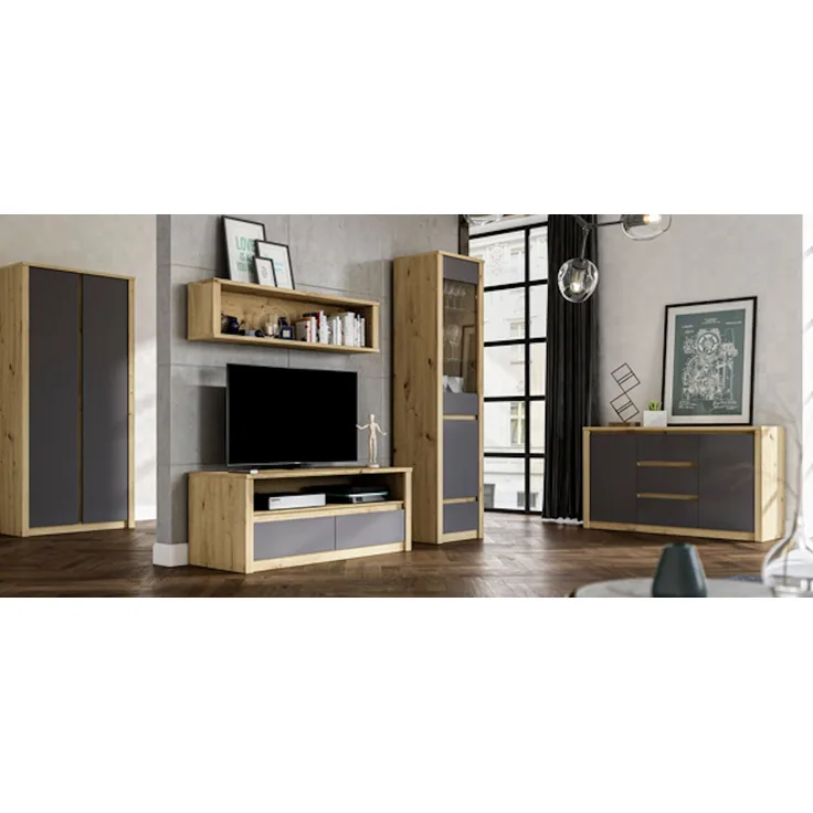 Wohnzimmer-Set ""Malta"" Anbauwand 5-teillig grifflos artisan eiche grau