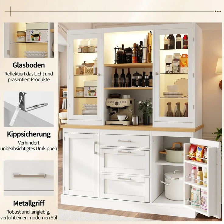 Celya Küchenbuffet Küchenschrank mit App-gesteuerter LED-Beleuchtung (140 x 40 x 185 cm, 3 Schubladen, Arbeitsplatte, verstellbare Böden) Passt als Küchenvorratsschrank, Kaffeebar oder Wohnzimmersideboard – Bild 3