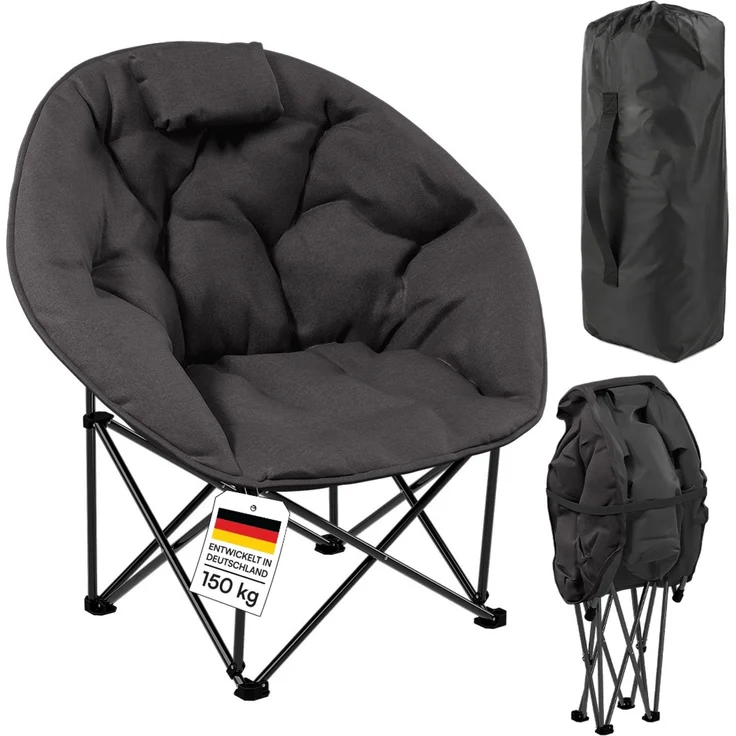 STEELSØN 'Hoggar' Moonchair faltbar, gepolsterter Campingstuhl schwarz, bis 150 kg, mit Kopfkissen und Tragetasche – Bild 1