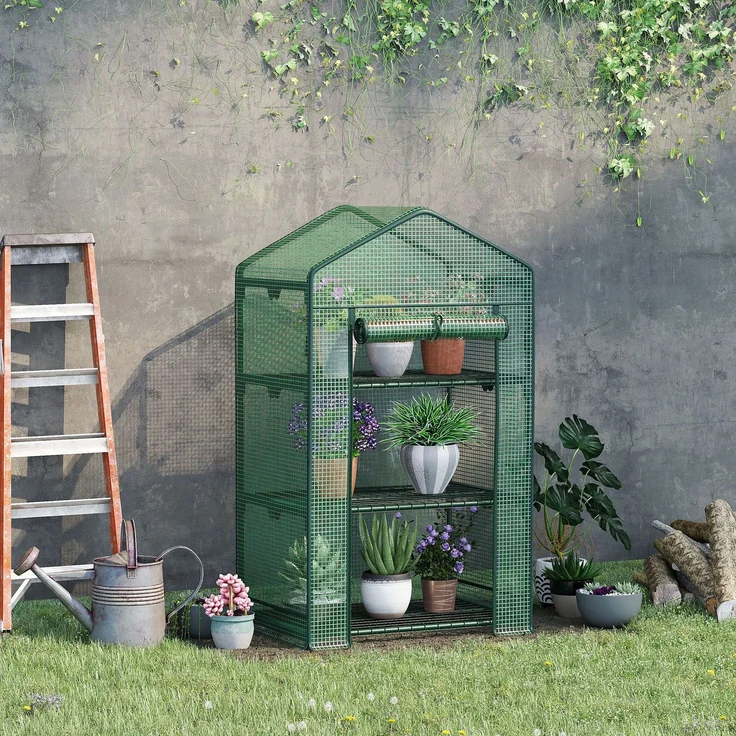 Mini-Gewächshaus Anzuchtgewächshaus mit Folienabdeckung und 3 Regalböden Regale Rolltür Gemüsebeet--Grün--125x49x69cm--YOUDENOVA – Bild 4