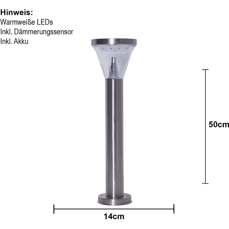 Solar Wegeleuchte ,Narona' aus Edelstahl, Leuchtpfosten mit Dämmerungssensor, warmweiß, H 50cm – Bild 5
