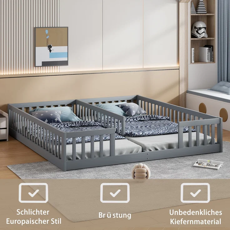 Doppelbett 90x200 cm aus Kiefernholz ,Kinderbett mit Sicherheitsgitter und Lattenrost, platzsparendes Familienbett,grau – Bild 5