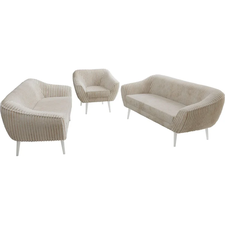 Wohnzimmerset, Möbelset PIRS 3-3-1, Armlehnen, Wellenfederung, weiße Füße, Dreisitzer Sofas mit Sessel, Polstermöbel Set - Beige Cord – Bild 8
