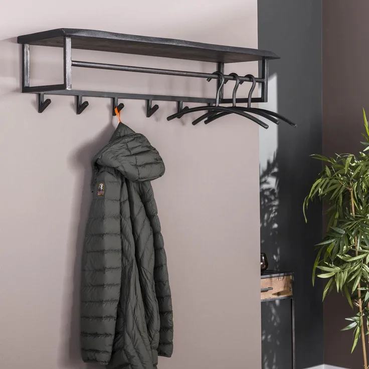 Garderobe Cheyuzi aus Akazie massiv, modern industriell, schwarz mit Hutablage und 6 Haken