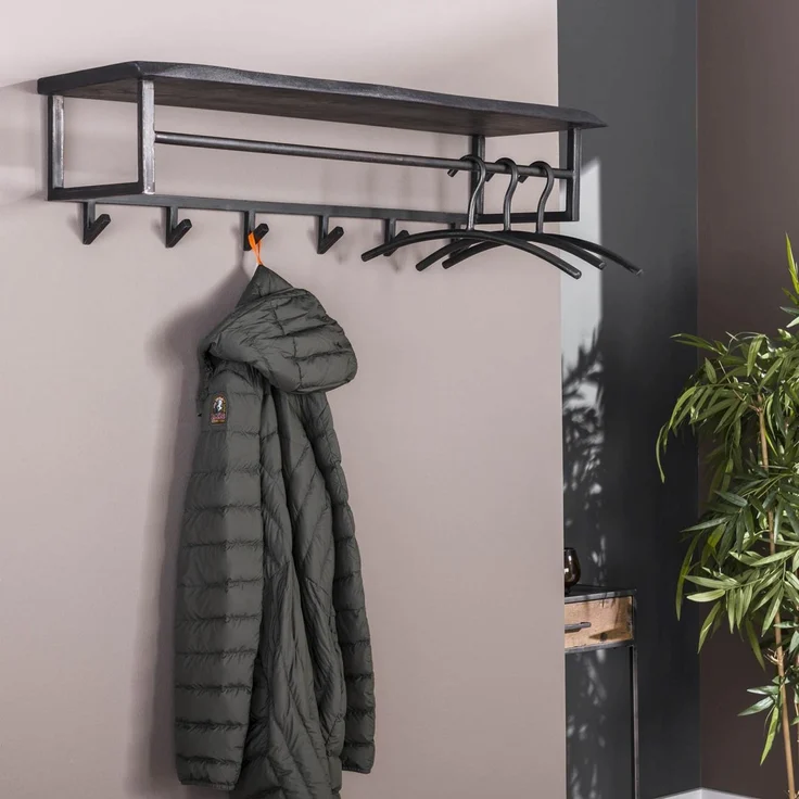 Garderobe Cheyuzi aus Akazie massiv, modern industriell, schwarz mit Hutablage und 6 Haken – Bild 1