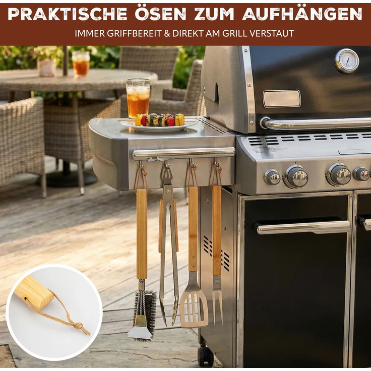 eluno Grillbesteck 4er-Set, Edelstahl und Bambus – Bild 5