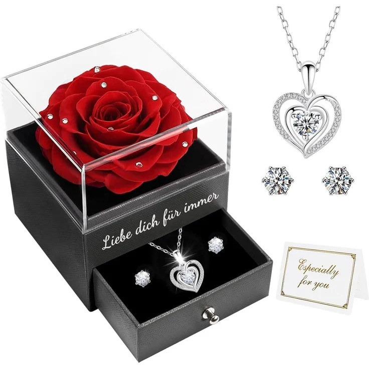 Ewige Rose Geschenkbox Kristallrot 925 Silber Halskette Ohrringe – Bild 1