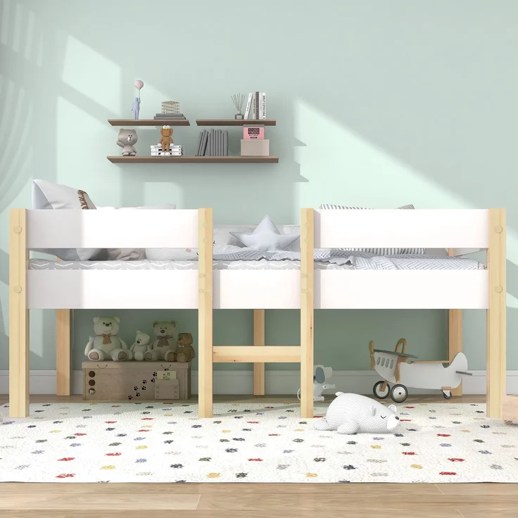 Bett Kinderbett mit Rausfallschutz, Kiefer-Vollholz-90x200 cm-Weiß & Eiche – Bild 1