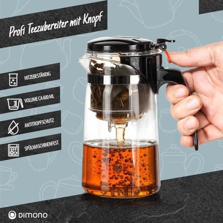 Dimono Teeglas DIMONO Teeglas Teekanne 600 ml – Teekocher mit Filter & Knopf, Tea-Maker 600 ml – Bild 2