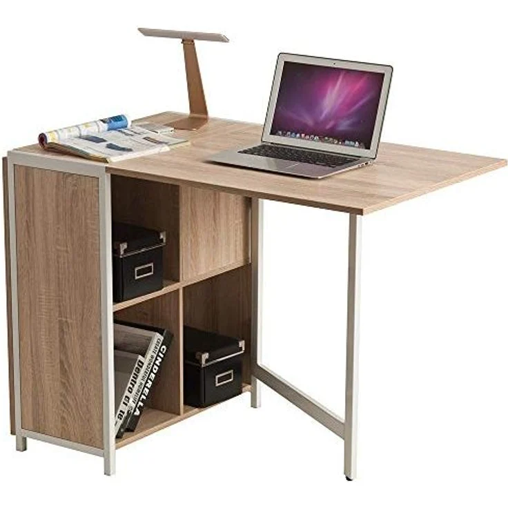 BAKAJI Mehrzweck-Schreibtisch, klappbar, ausziehbar, mit Bücherregal, 4 Fächern und Ablagen aus Holz und Stahl, Farbe Beige – Bild 4