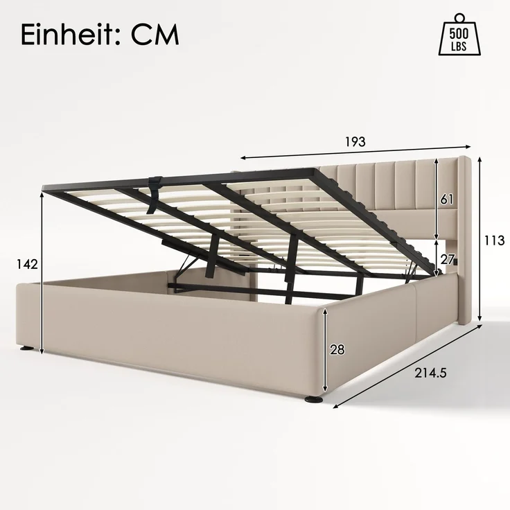 Polsterbett mit Lattenrost und Stauraum, 180x200 cm, gepolsterter Kopfteil, Doppelbett, Leinen – Bild 5