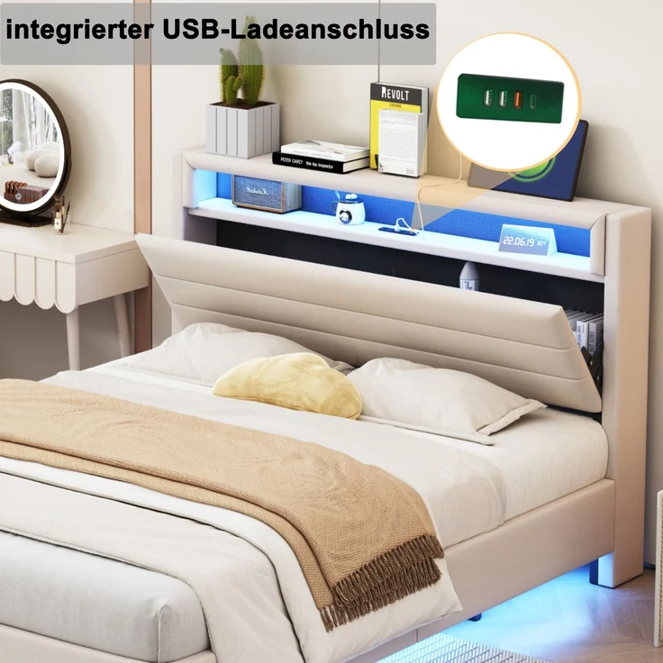 Polsterbett 160x200 cm mit USB-Steckdose und LED-Licht, wendbares Kopfteil, verdecktes Fußteil, Doppelflachbett, Jugendbett, Erwachsenenbett, Leinenstoff Beige – Bild 5