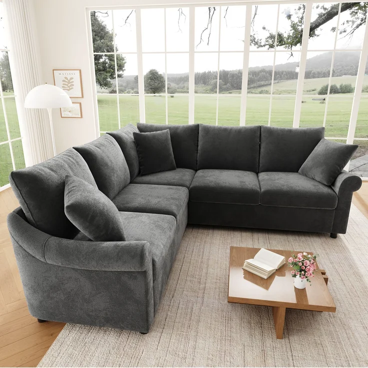 Ecksofa 217 x 217 x 83 cm in Grau – L-Form mit Chenille-Bezug und Taschenfederkern – Bild 4