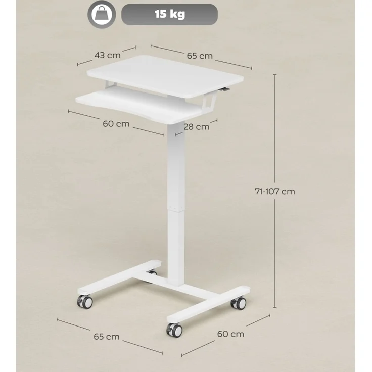 Höhenverstellbarer Schreibtisch mit Tastaturablage & Rollen, 65x60x71-107 cm, Weiß – Bild 2